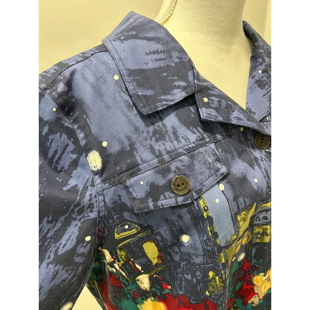 Christopher & Banks Blue Cityscape Print Cotton Button Front Jacket Womens XL
